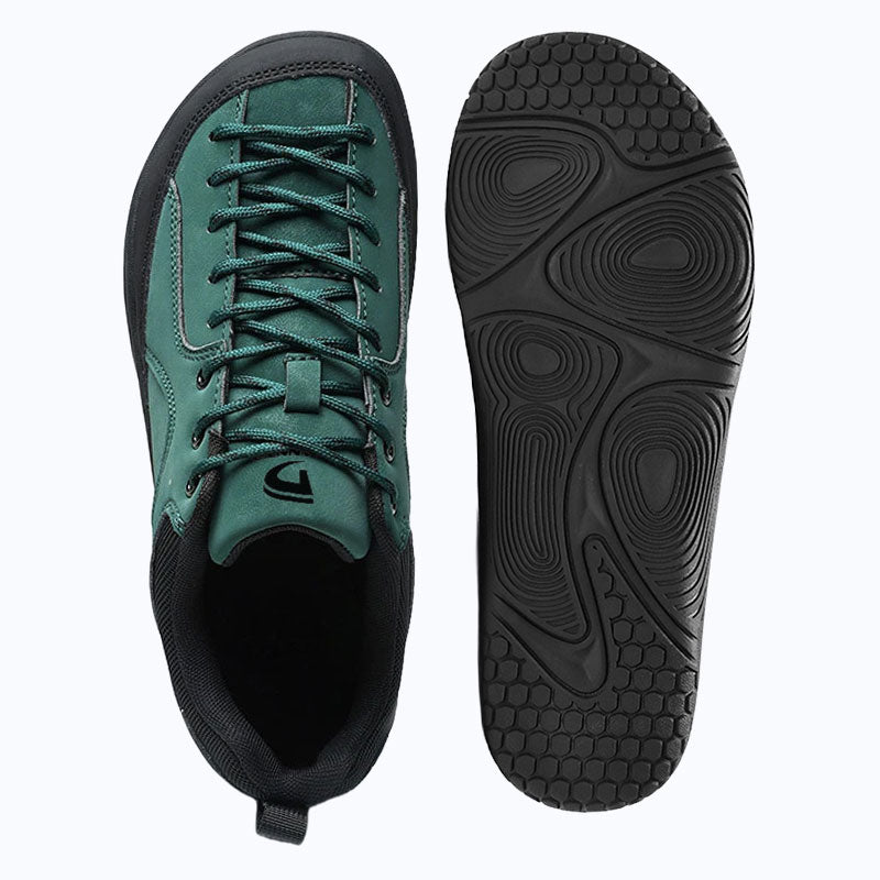 Dannto Veld I - Men's and Women's Wide Toe Box Barefoot Shoes green shown from top and outsole views