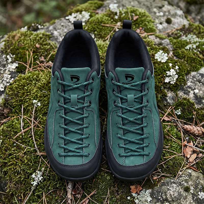 Dannto Veld I - Men's and Women's Wide Toe Box Barefoot Shoes green pair shown from above on moss-covered rocks