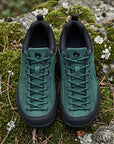 Dannto Veld I - Men's and Women's Wide Toe Box Barefoot Shoes green pair shown from above on moss-covered rocks