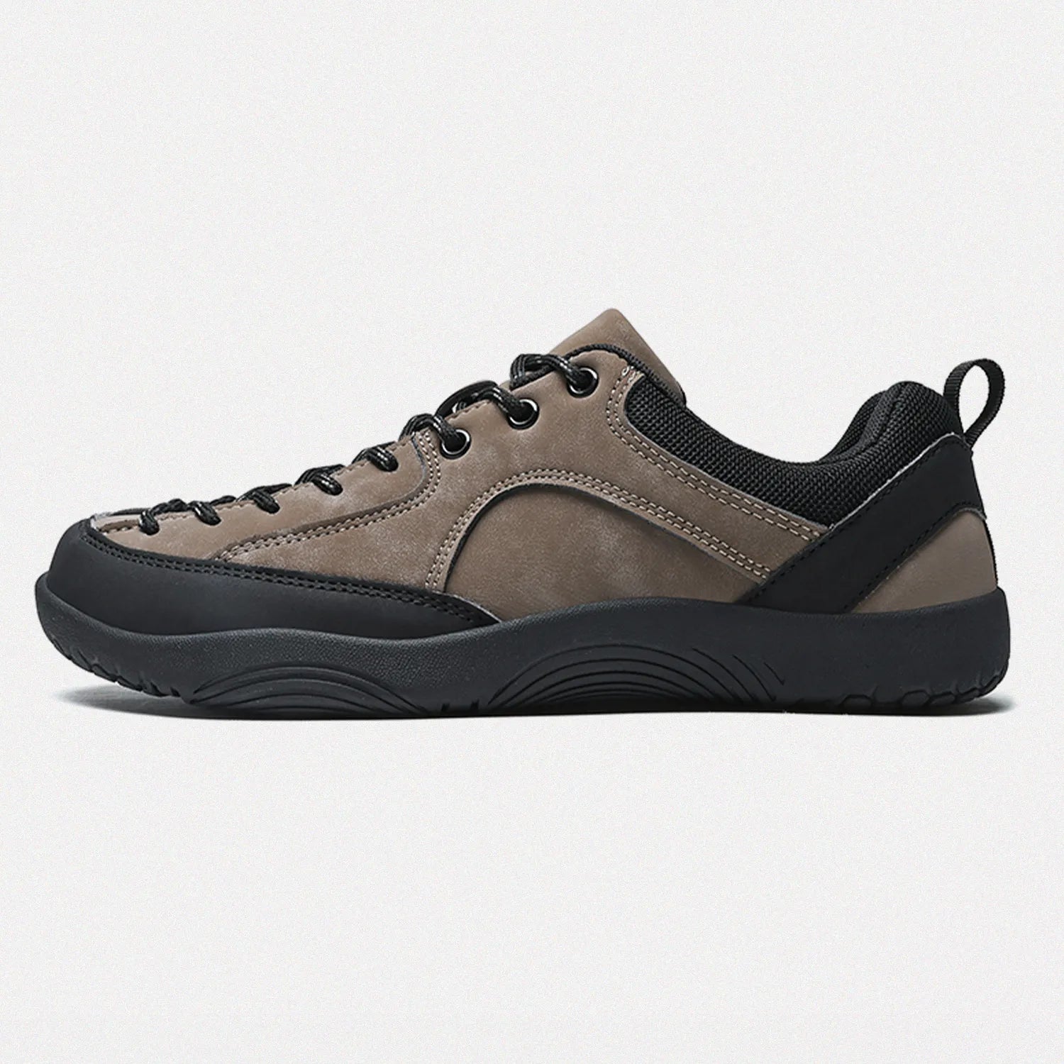 Dannto men's khaki wide toe outdoor sneakers shown from the side