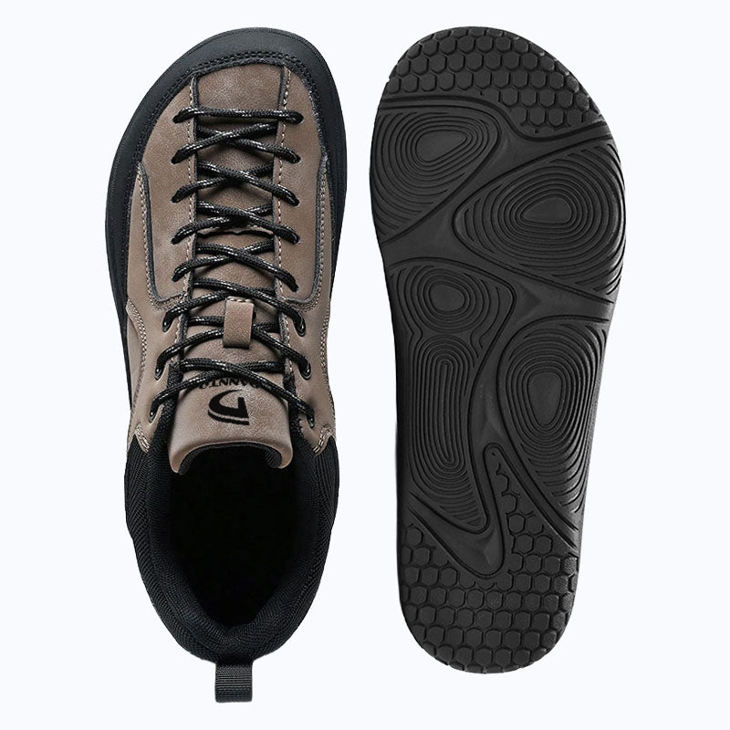 Dannto Veld I - Men's and Women's Wide Toe Box Barefoot Shoes khaki shown from top and outsole views