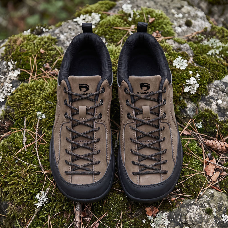 Dannto Veld I - Men's and Women's Wide Toe Box Barefoot Shoes khaki pair shown from above on moss-covered 