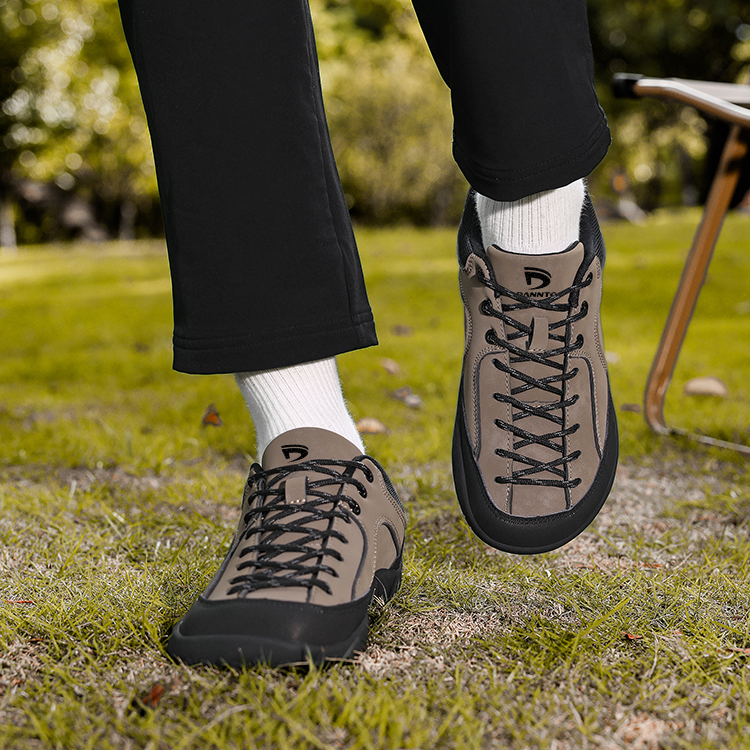Dannto Veld I - Men's and Women's Wide Toe Box Barefoot Shoes khaki shown being worn while walking outdoors