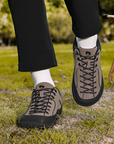 Dannto Veld I - Men's and Women's Wide Toe Box Barefoot Shoes khaki shown being worn while walking outdoors