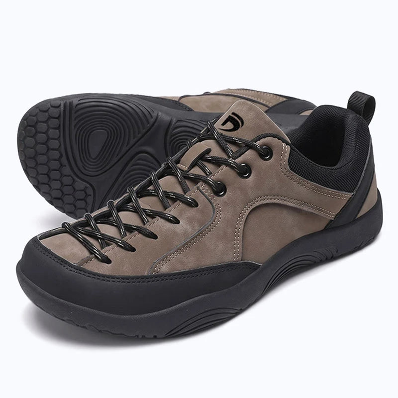 Dannto Veld I - Men's and Women's Wide Toe Box Barefoot Shoes khaki pair shown from a three-quarter view with the outsole visible