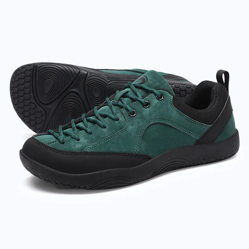 Dannto Veld I - 3E wide toe box barefoot shoes green shown from a three-quarter view with the outsole visible