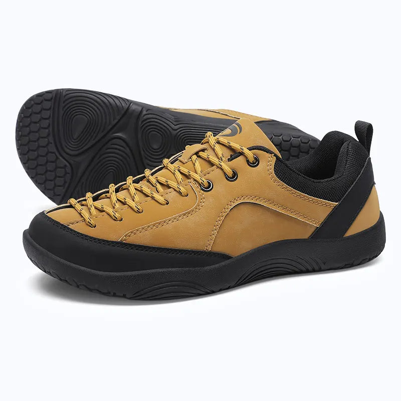 Dannto Veld I - 3E wide toe box barefoot shoes tan shown from a three-quarter view with the outsole visible