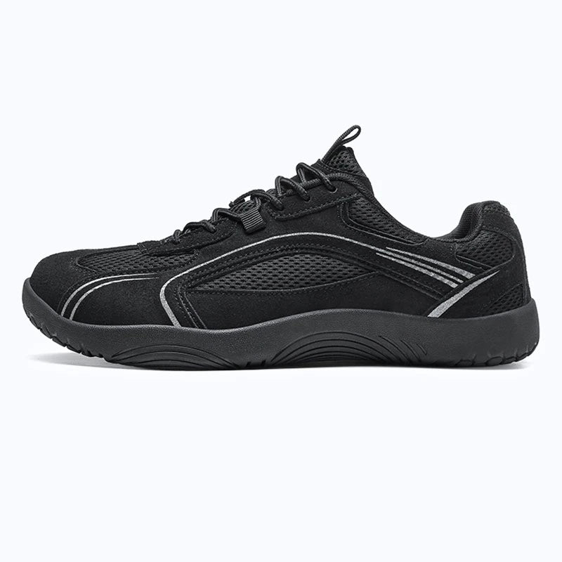 Dannto Aero N1 - 3E Wide Mesh Barefoot Shoes black shown being put on while sitting outdoors