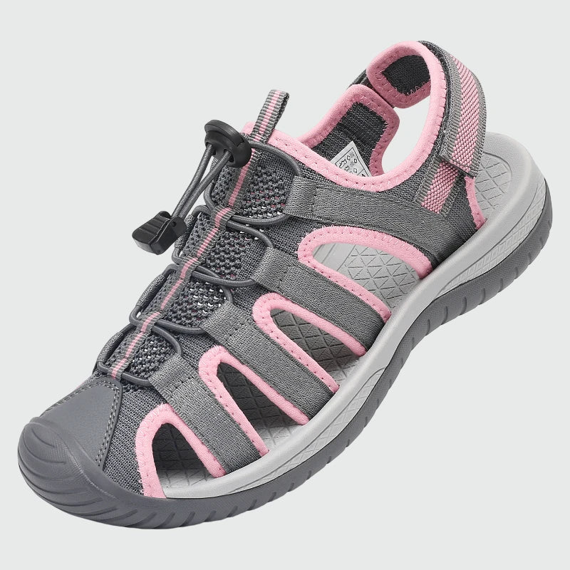 Dannto Trailport N3 - Women's hiking gray pink sandals shown from a three-quarter view