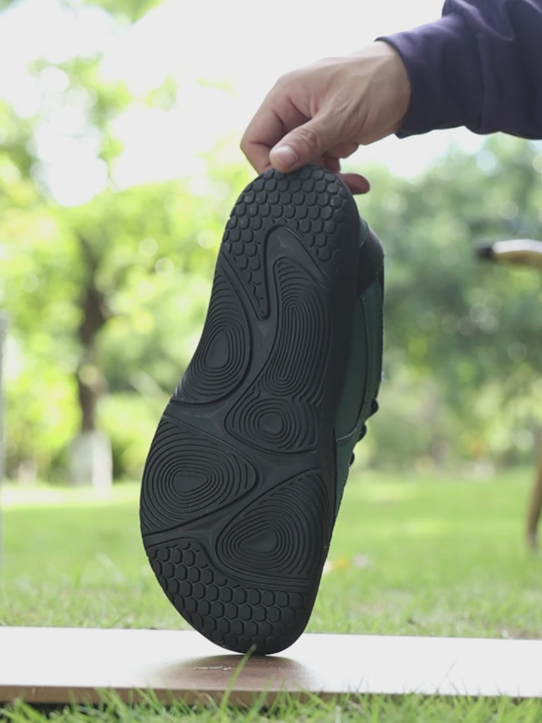 Dannto Veld I - Men's and Women's Wide Toe Box Barefoot Shoes green shown being worn and demonstrated in motion outdoors